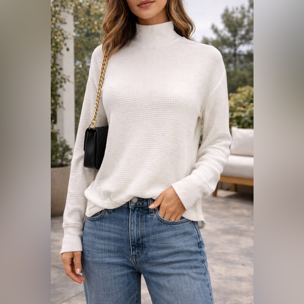 Re/Done white waffle knit mock neck long sleeve top size medium